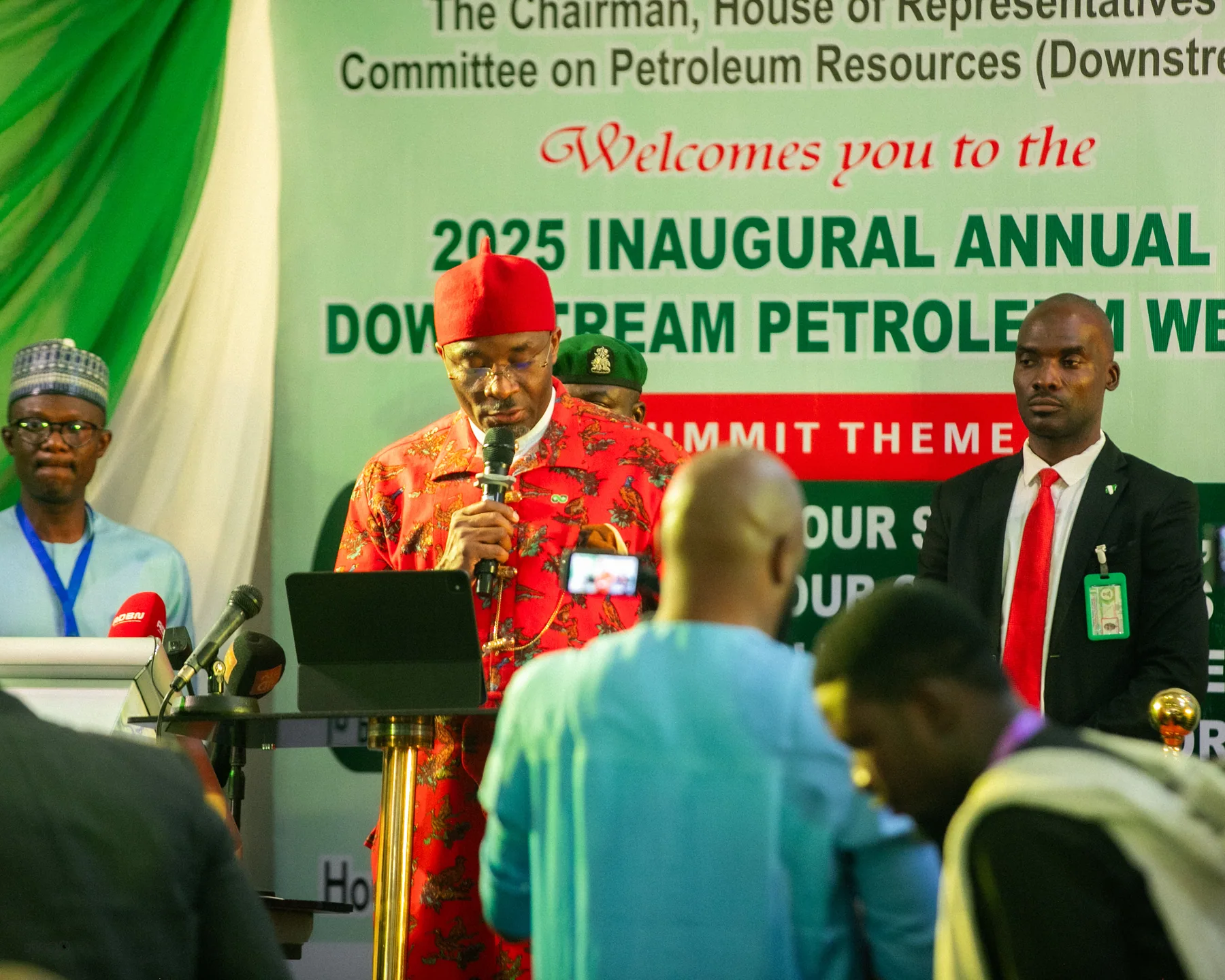 Officials and delegates observing the national anthem at the opening ceremony of the 2025 Downstream Petroleum Week (Day 1)