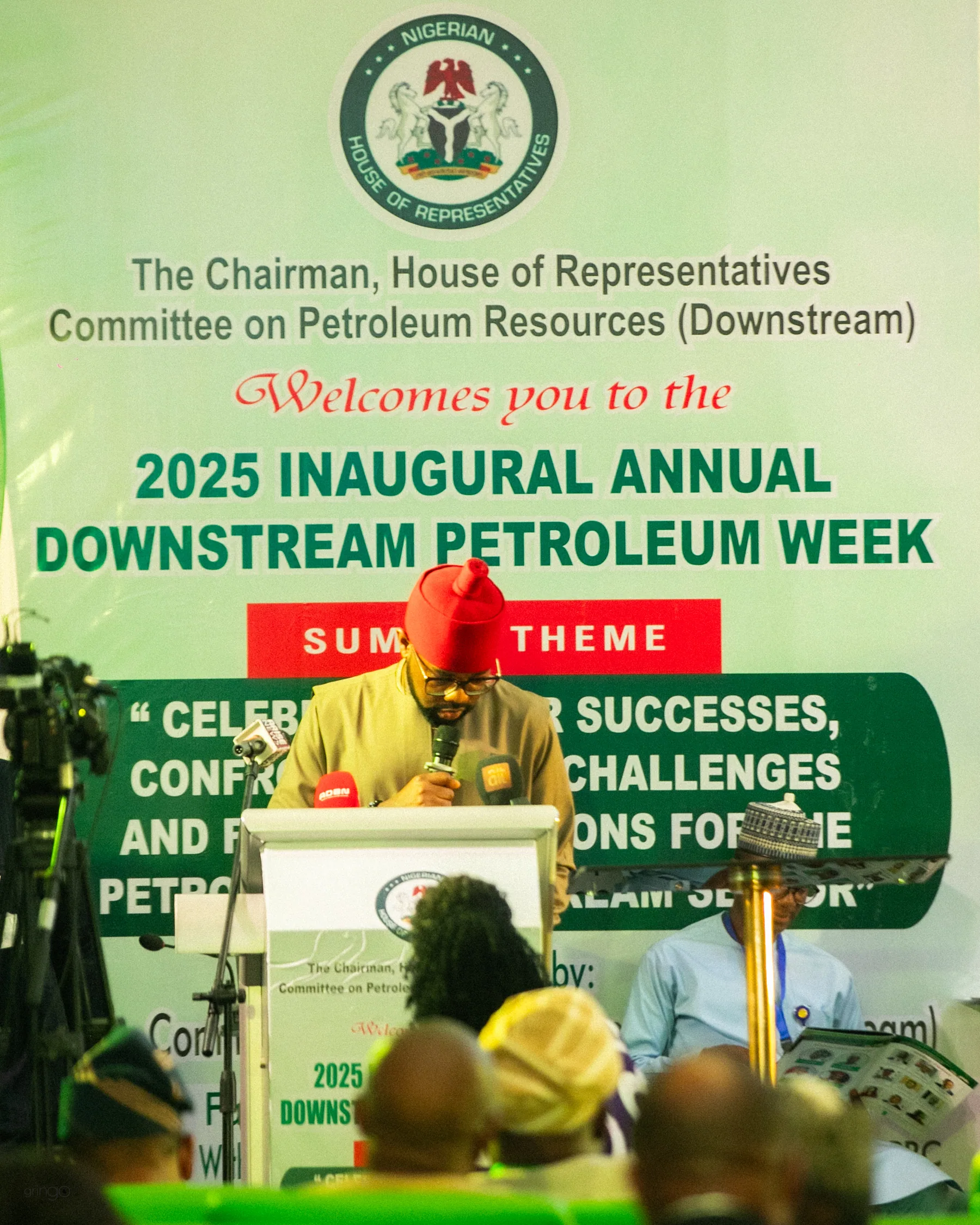 Dignitaries exchanging handshakes at the 2025 Downstream Week high table (Day 1) (portrait orientation, suitable for speaker cards)