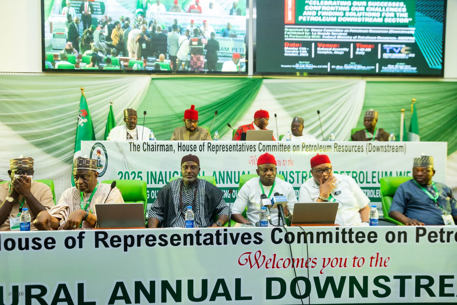 Delegates networking and exchanging greetings during Day 1 of the 2025 HOR Downstream Petroleum Week at the National Assembly